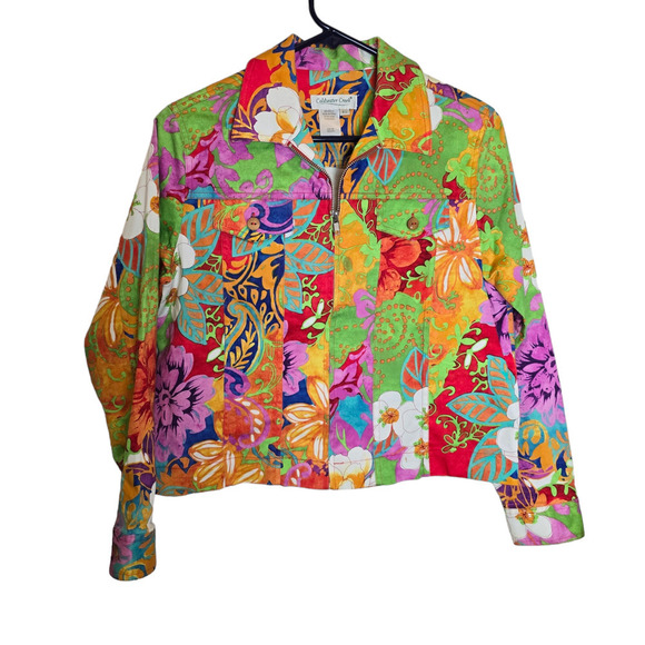 Coldwater Creek Floral Full Zip Jacket Plus Size Petite Small Cotton Blend - Picture 1 of 8
